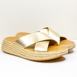 FITFLOP F-Mode Flatform Slide Platform Sandals Metallic Gold Raffia Womens Sz 9